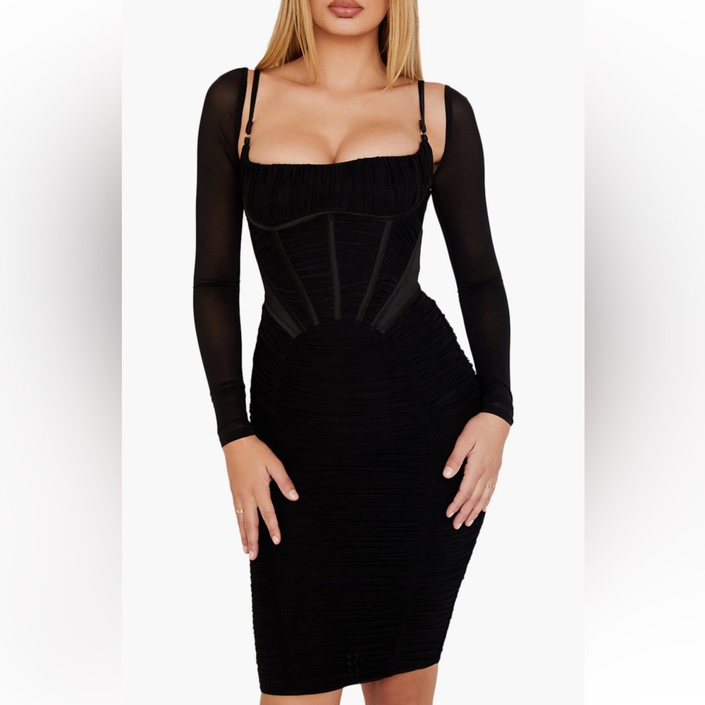 NEW HOUSE OF CB Freyja Satin Ruched Long Sleeve Body-Con Dress Size XS